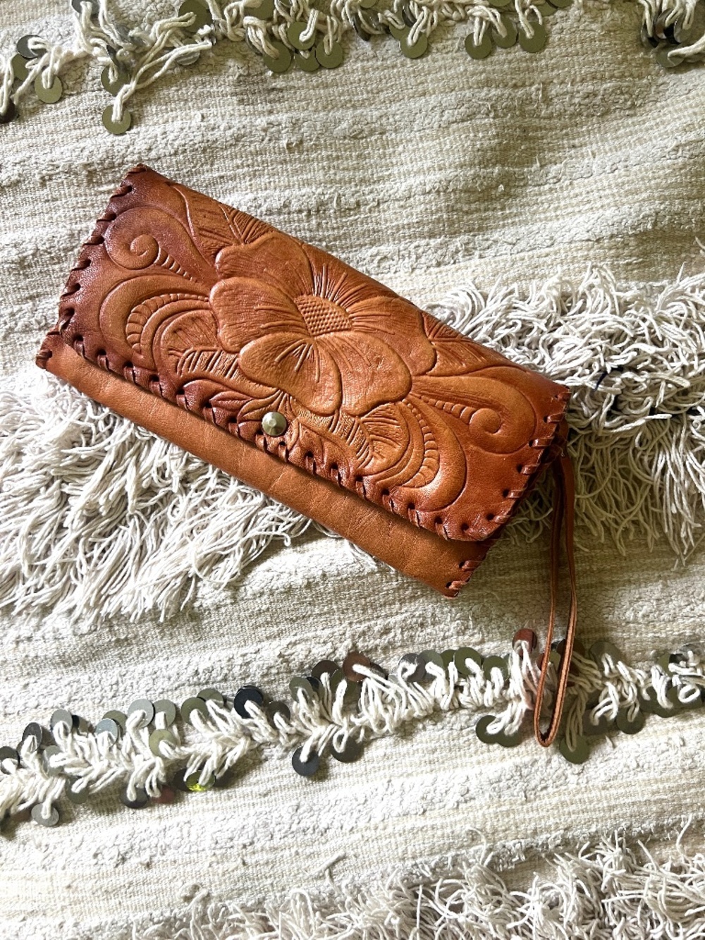 Embossed Leather Wallet/Clutch with Strap
